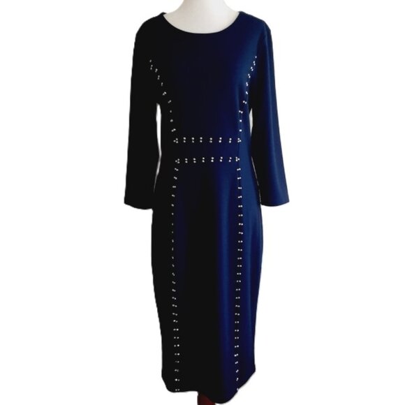 Spense Navy Midi Sheath Column Dress Silver Beading Size 8 - Picture 1 of 7